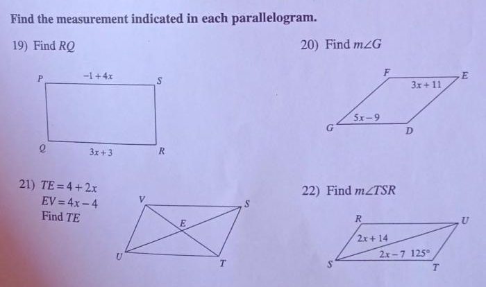 Parallelogram each find measurement indicated