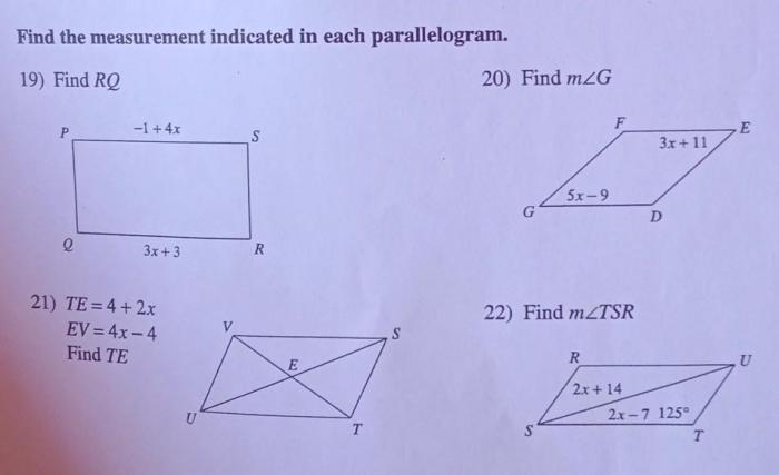 Parallelogram each find measurement indicated